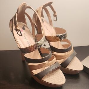 Penny Loves Kenny Snakeskin and Black Strappy Heels